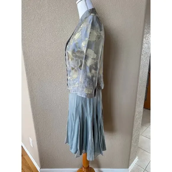Carmen Marc Valvo Skirt Suit Sz 8 Blazer Set Jacket Silk Womens Dusty Blue Green - Picture 3 of 15